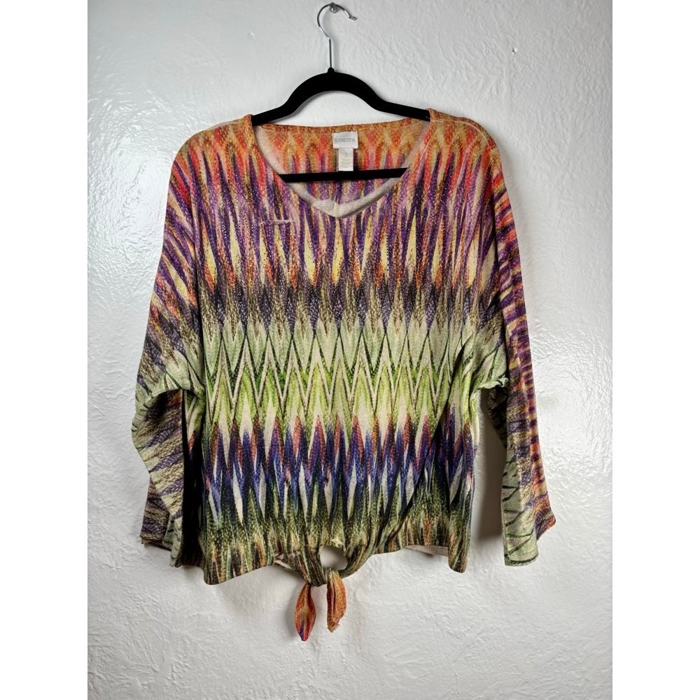 Chico's Tie Front Top Purple Green XL Lurex Chevron V-Neck Halloween Shimmer